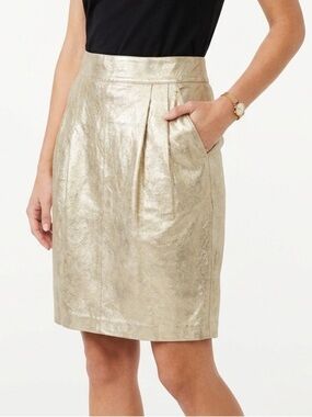 Blumarine Suede Gold Metallic Pleat Pencil Skirt Sz 44